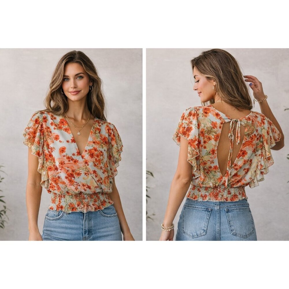NWT Willow Root Floral Boho Smocked Waist Flutter Sleeve Open Back Blouse Sz S